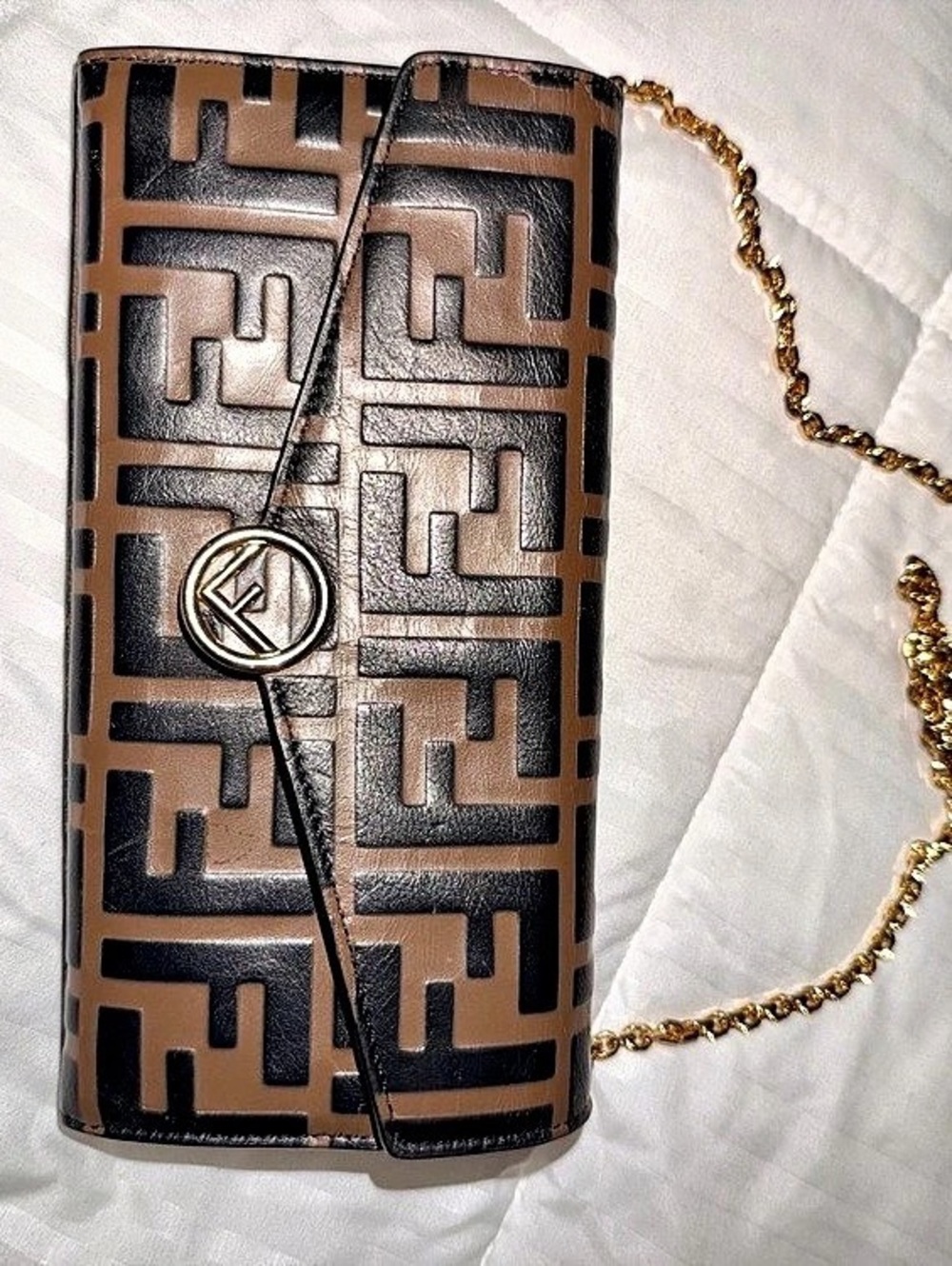 Fendi FF Embossed Wallet On Chain Brown & Black